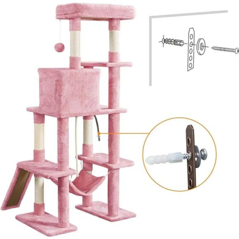 63in Multi-Level Tall Cat Tree w/Sisal-Covered Scratching Posts & Condo, Pink